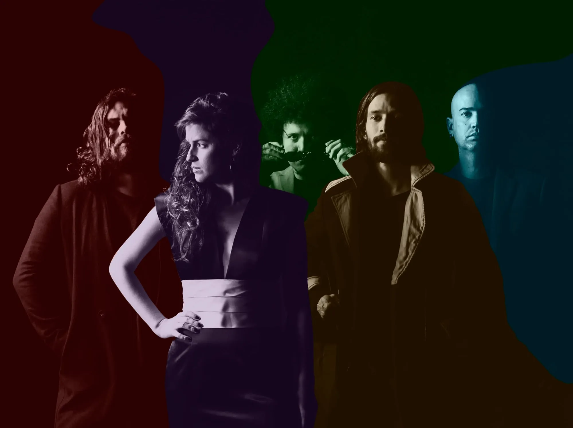 Band promo with bold color-split multi-portrait layout, five musicians in dramatic segmented composition