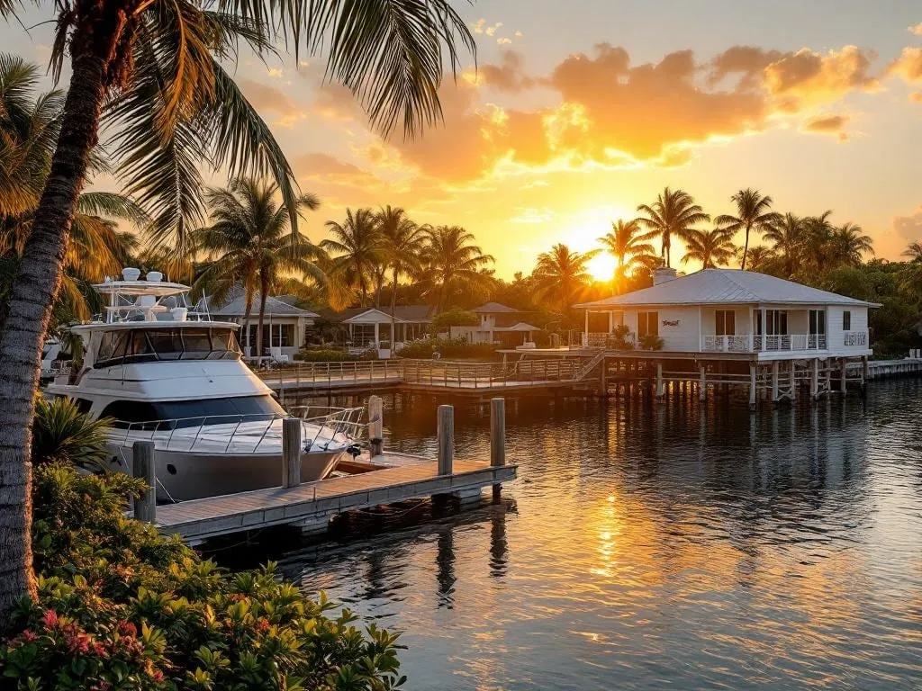 Key West waterfront at golden hour, yacht docked beside waterfront home