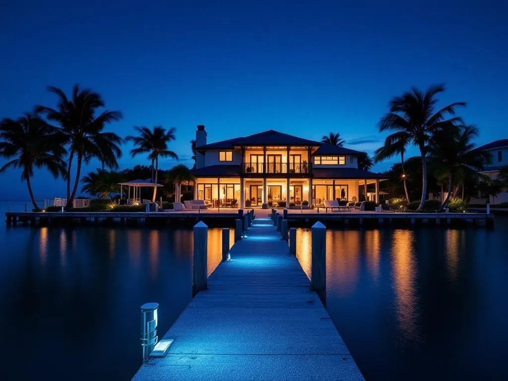 Key West waterfront estate at blue hour — private dock, palm silhouettes, still water reflection