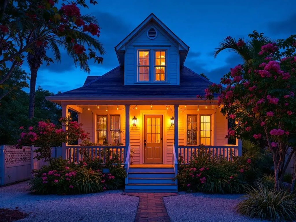 Key West cottage at blue hour, warm glowing windows, bougainvillea in full bloom against deep evening sky