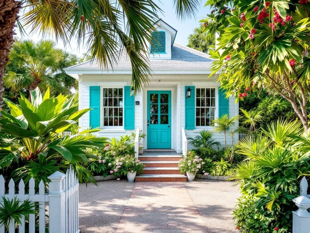 Charming Key West cottage with turquoise front door, white picket fence, and lush tropical landscaping