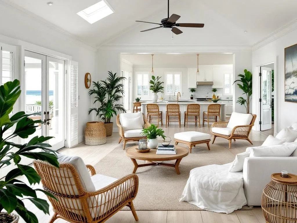 Coastal living room — rattan furniture, vaulted ceiling, abundant natural light