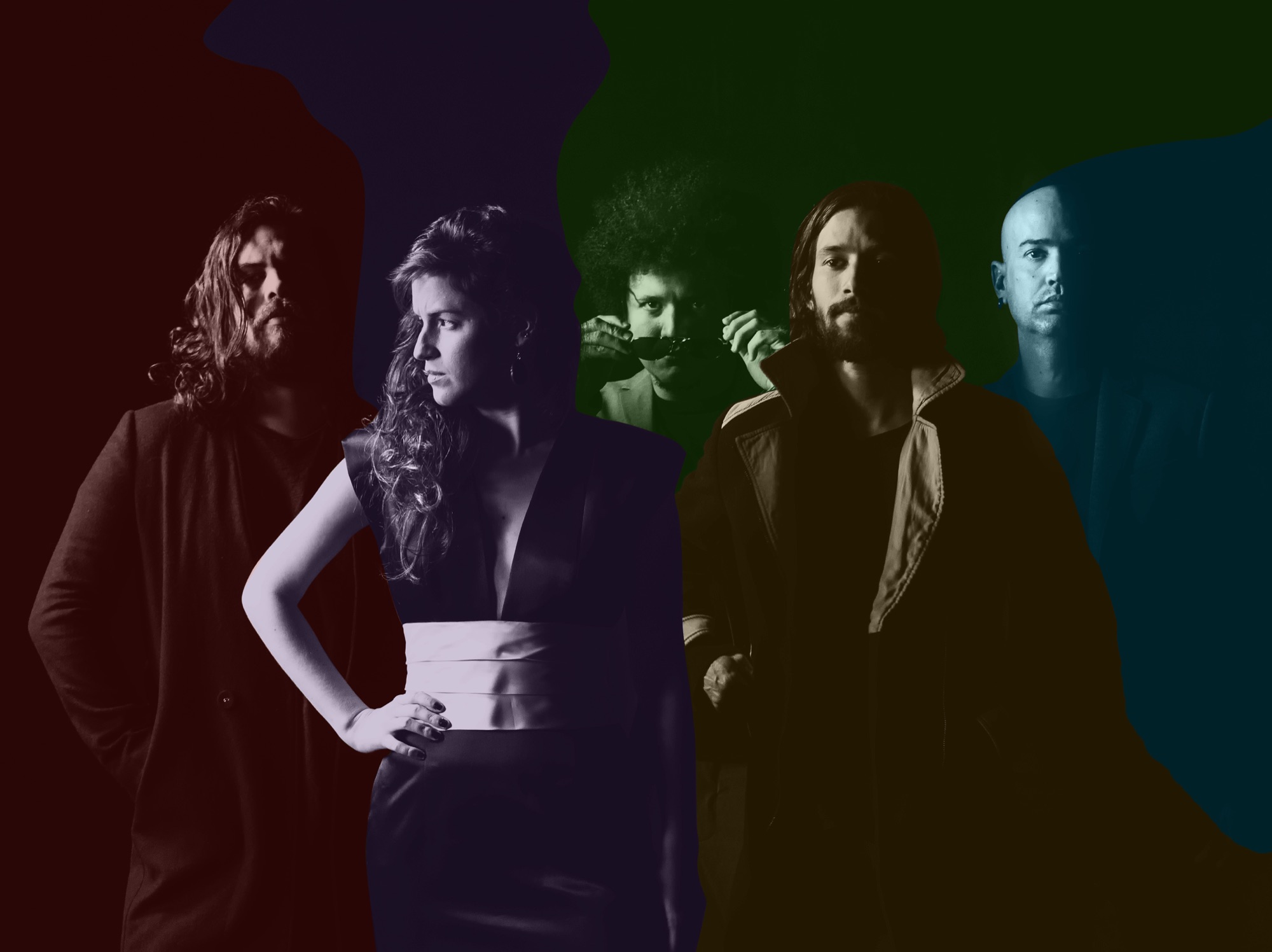 Band promo with bold color-split multi-portrait layout, five musicians in dramatic segmented composition