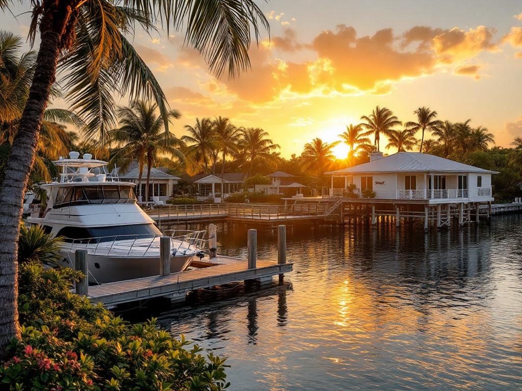 Key West waterfront at golden hour — luxury yacht docked beside waterfront home, palm trees and glowing sunset sky