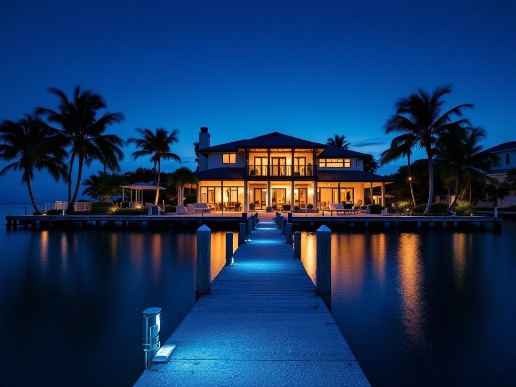 Key West waterfront estate at blue hour — lit dock reflects in still water, palm trees silhouetted against deep blue sky