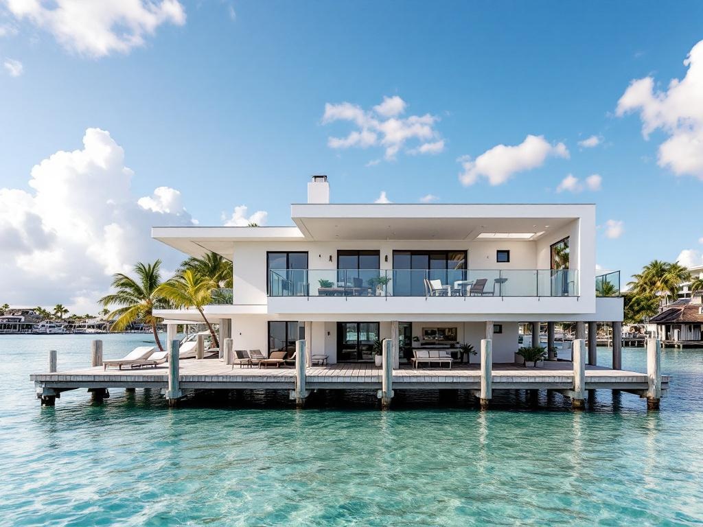 Modern Key West waterfront home on stilts over turquoise water — private deck, balcony, and palm backdrop