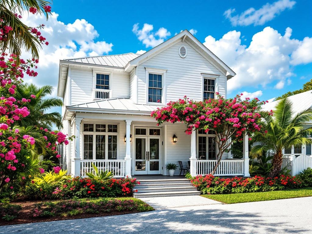 Key West white cottage with wraparound porch, red bougainvillea, and manicured tropical garden