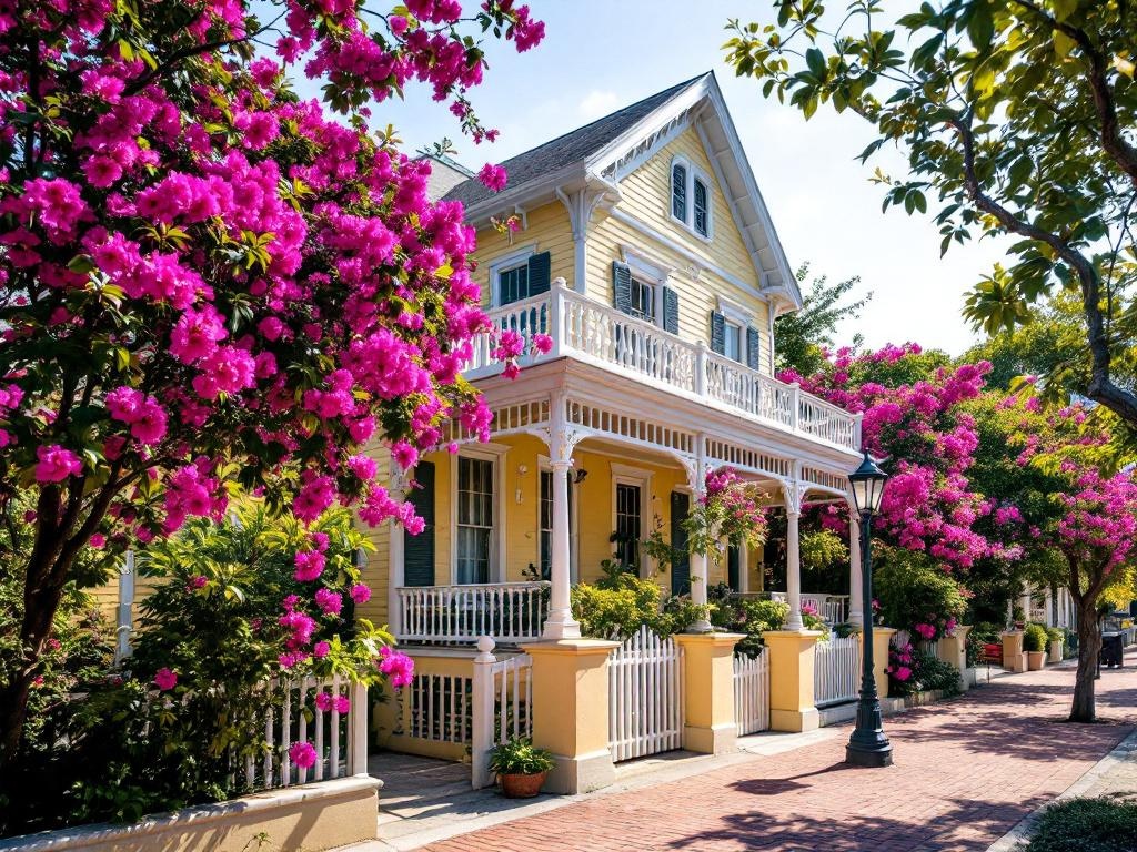 Historic Key West Victorian home with yellow facade and magenta bougainvillea cascading from balcony