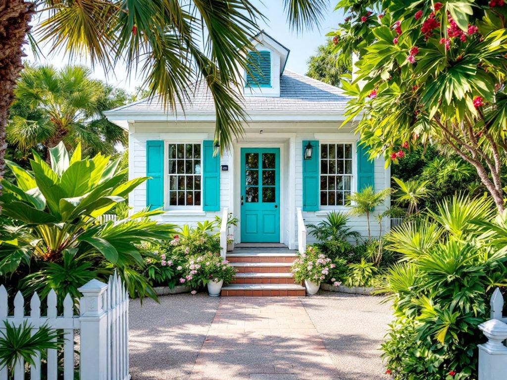 Charming Key West cottage with turquoise front door, white picket fence, and lush tropical landscaping