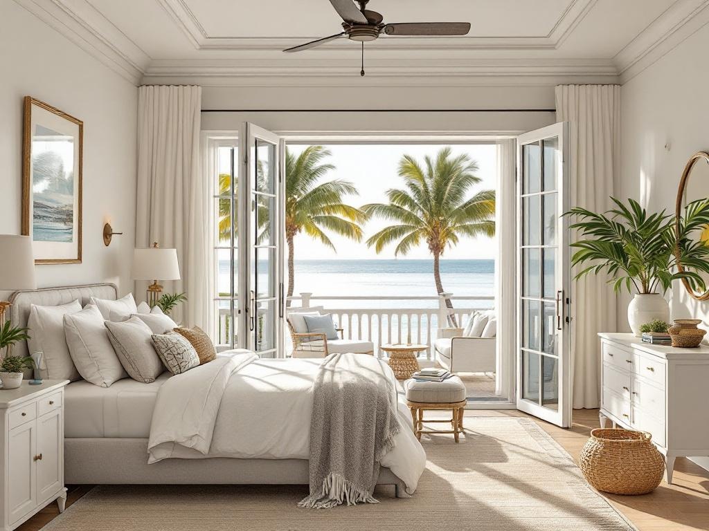 Bright master bedroom with French doors open to ocean view balcony and palm trees